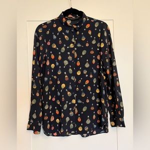 Zara XS Navy Blue Watercolor Hot Air Balloon Blouse with Emerald Green Trim